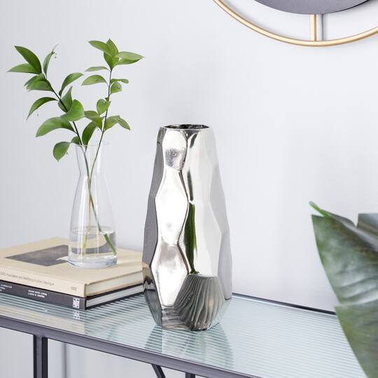 Contemporary Geometric-Style Metallic Silver Aluminum Vase, 12" x 5.7" x 5.4"
